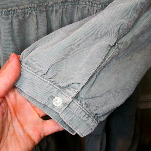 Sundance Dylan Boho Sage Green, Long Sleeved, Tiered Skirt Corduroy Mini Dress - Picture 6 of 14